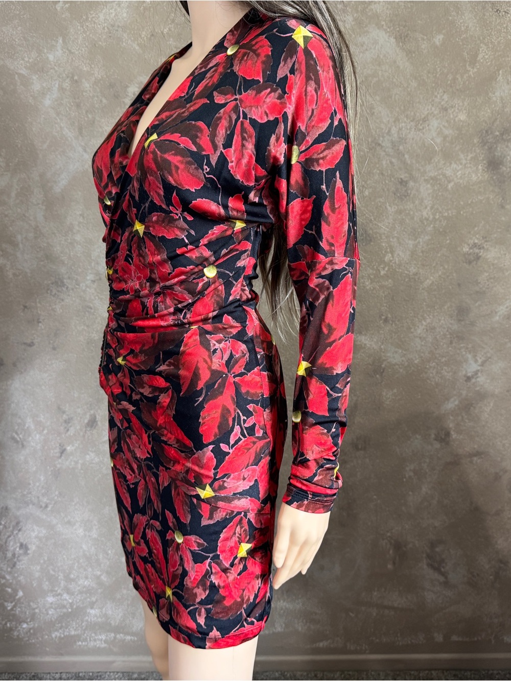 Designer Class ROBERTO CAVALLI Red Floral Ruched V-Neck Dress Y2K Sz 6 - Picture 4 of 13